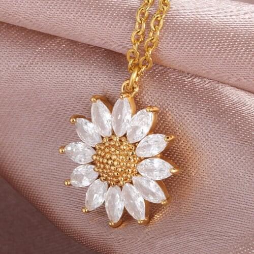 Romantic Stainless Steel Crystal Daisy Necklace For Women Bohemia Gold Boho Zircon Choker Chain Jewelry Girl Friend Gifts