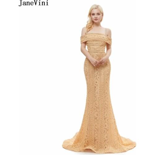 JaneVini Luxury Beaded Bridesmaid Dresses Spaghetti Straps Vintage Gold Lace Mermaid Prom Dress Charming Party Gown Saudi Arabic