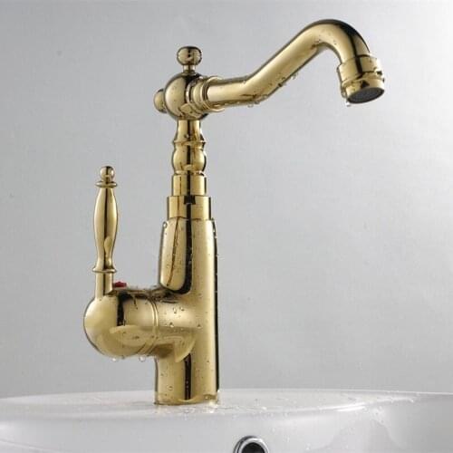 Luxury Polished Gold Color Deck Mounted Brass Bathroom Basin Sink Faucet Hot Cold Mixer Tap