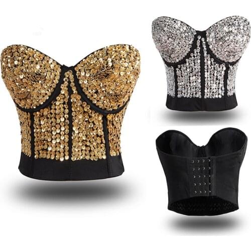 Sexy Waist Trainer Bra Corset gold Women Sequin Rivet Bra Crop Top Padded Body Shapewear Bustier Corset Nightclub Top