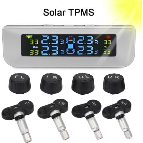 Digital LCD Display Newest TPMS Car Accessories Tyre Pressure Monitoring System Solor USB Power 4pcs External/Interior Sensors