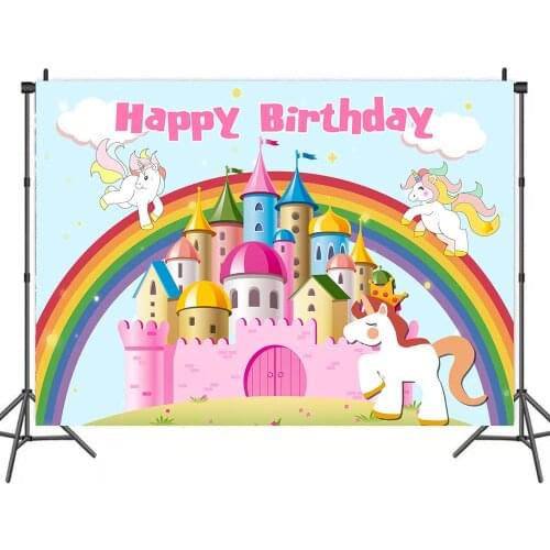 Fairy Tale Princess Castle Unicorn Photography Background Rainbow Girl Birthday Party Backdrop Cake Table Decor Poster