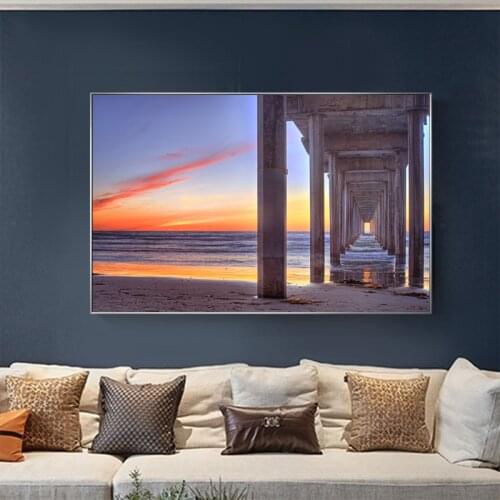 Old Pier Sunset Landscape Canvas Painting Poster and Prints Modern Wall Art Seascape Pictures Cuadros for Home Living Room Decor