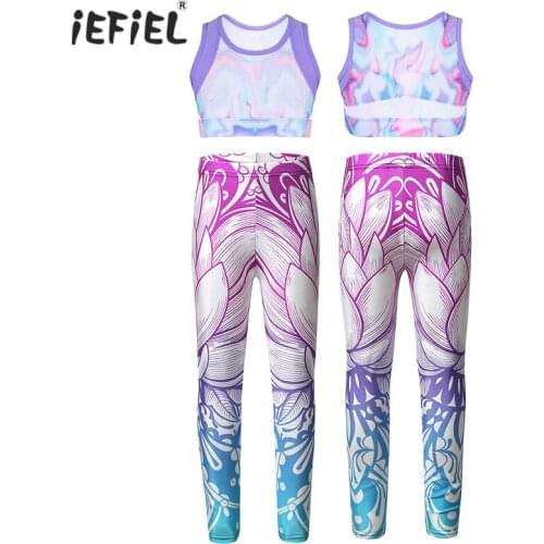 Colorful Kids Girls Stretchy Sleeveless Tanks Crop Top with Soft 3D Digital Printed Skinny Fit Pants Leggings Tights Trousers