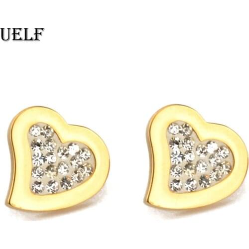 Uelf Fashion Jewelry Crystal Heart Stud Earrings For Women Female Wedding Engagement Earring Cheap Wholesale Gift