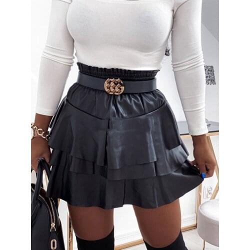 Womens Pu Leather Skirt Solid Color High Waist Elastic Band Cascading Lotus Lace Lady Sexy Loose A-line Mini Skirt Party Wear