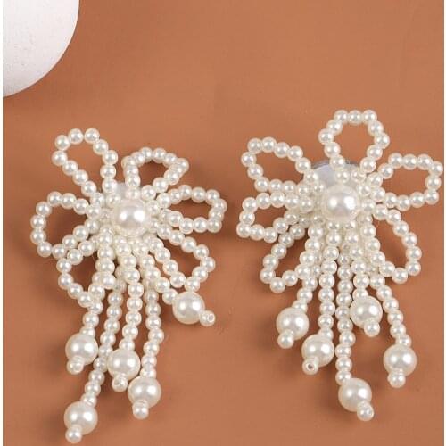 Ladies Trendy White Pearl Handmade Beaded Flower Dangle Earrings For Women Korean Style Beads Tassel Drop Earring Jewelry Gifts