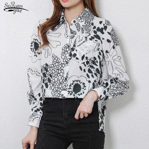 Personality Printing Contrast Shirt Women 2021 Autumn Long-sleeved Unisex Chiffon Blouse Women Button Lapel Elegant Blouse 16417