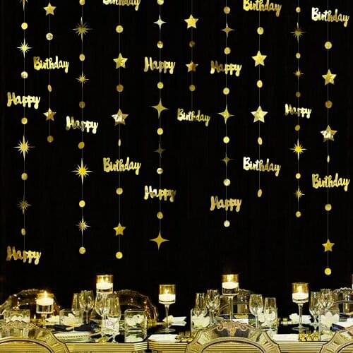 Gold Happy Birthday Banner Decorations Happy Birthday Circle Dot Twinkle Star Garlands Hanging Streamer Bunting Banner Backdrop