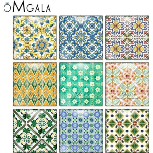 Blue Green Geometric Flowers Patterns Square 10pcs mixed 12mm/20mm/25mm/30mm photo glass cabochon demo flat back Making findings
