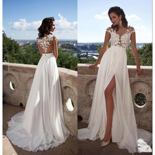 2021 Sexy Bride Wedding Dresses White Simple O-Neck Appliques Illusion Top and Split Side Bridal Dresses Vestido De Noiva