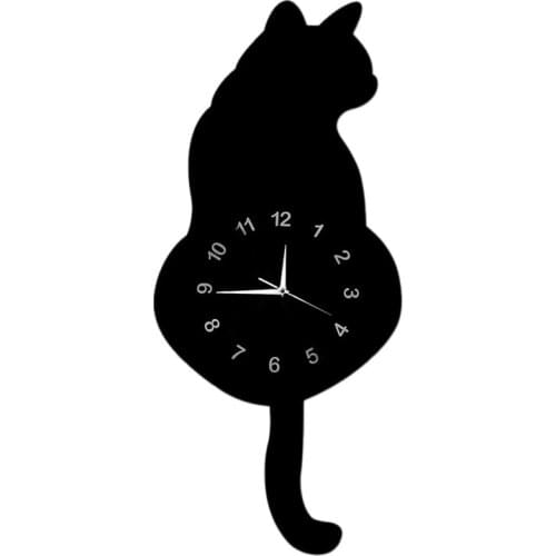 AU05 -Modern 3D Digital Wall Clock Cat Swinging Tail Move Silent Non Ticking Pendulum Quartz Clock for Bedroom Home Decor Gift
