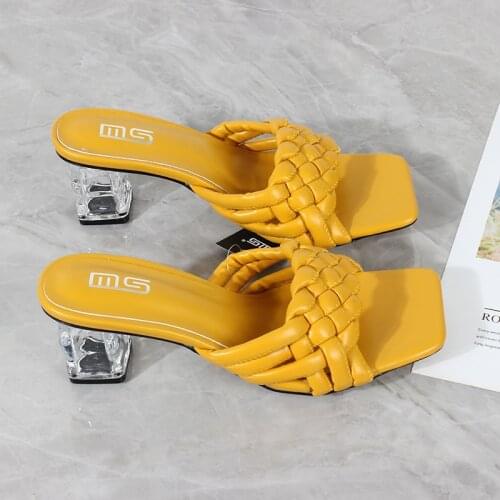 Fashion Ladies Slippers 2021 Summer New High Heel Sandals Handwoven PU Soft Surface Comfortable Large Size Sandals 6CM