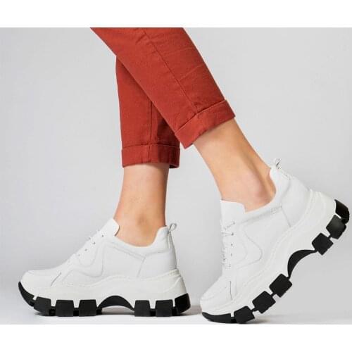 Callizio Womens Genuine Leather Platform Chunky Sneakers Woman Comfortable Vulcanize Luxury Designer Casual White Black Cute Running Sport Tennis Shoes for Women 2021 Summer Fashion High Arch Support Ladies Fashion 34