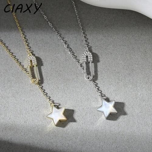 CIAXY 925 Sterling Silver White Mother-of-pearl Star Necklaces for Women Inlaid Zircon Pin Pendant Tassel Clavicle Chain Jewelry