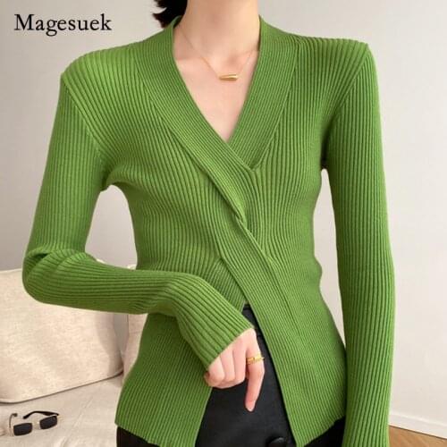 Elegant Slim Tops French V-neck Cross Knitted Shirt Solid V-neck Long Sleeve T-shirt Womens Autumn Winter Sweater Female 16654