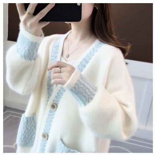 2021 Women Autumn Winter New Loose Warm Sweater Jackets Female V-neck Cardigan Coats Ladies Mink Velvet Knitted Jumpers Y449