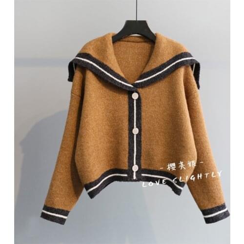 Navy Style Turn Down Collar Knit Sweater Womens Cardigan Harajuku Loose Outwear Knit Cardigan Coat Female Casual Knitshirt O78