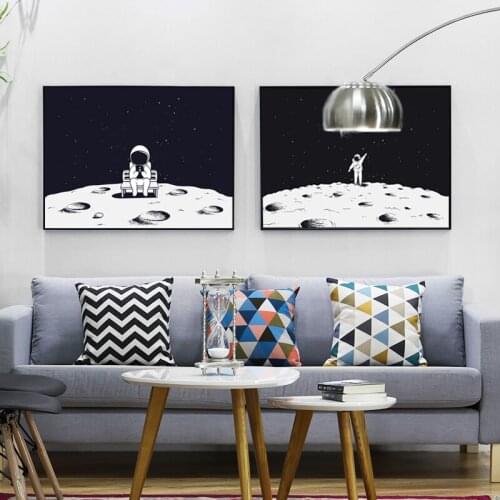 Cartoon Space Astronaut Canvas Painting Black White Universe Planet Poster Home Decor Painting Wall Art Pictures For Living Room