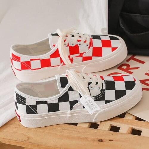 Classic Womens Casual Shoes Fashion Color Matching Checkerboard Canvas Shoes Womens Trend Wild Lace-up Sneakers Women