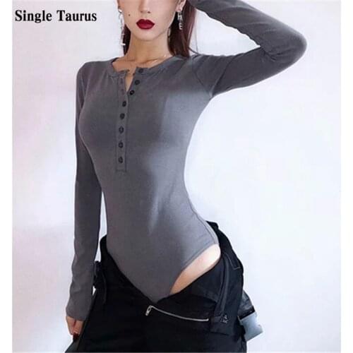 Streetwear T-Shirts Women Long Sleeve Summer Fall Skinny Slim Cotton Ribbed Women Bodysuit Solid Color Black Classic Romper 2020