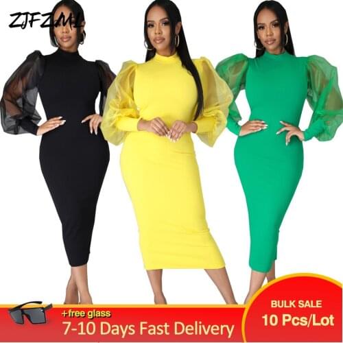 Bulk Items Wholesale Lots Womens Slim Dresses Office Lady Mesh Puff Long Sleeve High Waist Vestido Elegant Classy Skinny Robe