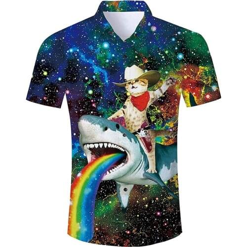 Summer Harajuku Hawaiian Shirt Men Short sleeve Shirts Funny Cowboy Cat Riding Shark 3D Printed Harajuku Casual Shirt drop ship