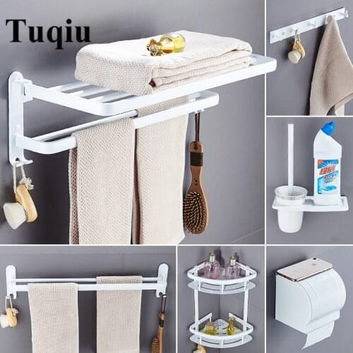 Bathroom Accessories Set Nail Free Aluminum White Bath Hardware Sets Towel Rack,Paper holder Toilet Brush Holder Robe Hooks