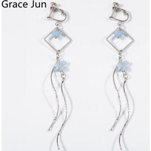 New Spring Style Double Bending Tassel Geometric Square Shape Clip on Earrings No Pierced for Women Party Fashion Cute Ear Clip