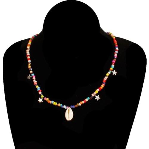 PZMYCS fashion colored rice beads natural shell necklace for women five-point star hand thread clavicle chain necklace statement