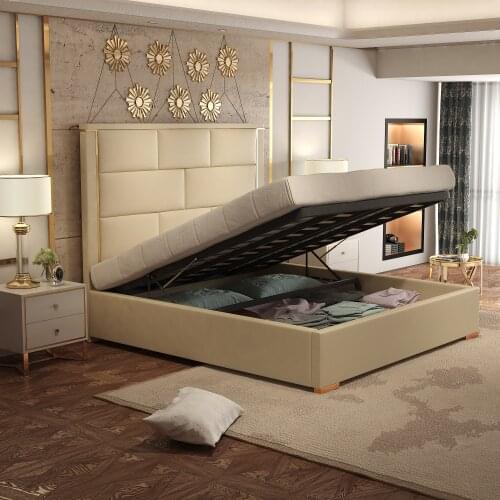 Aisi Luxurious golden metal bedroom furniture luxury soft leather bed comfortable bed frame