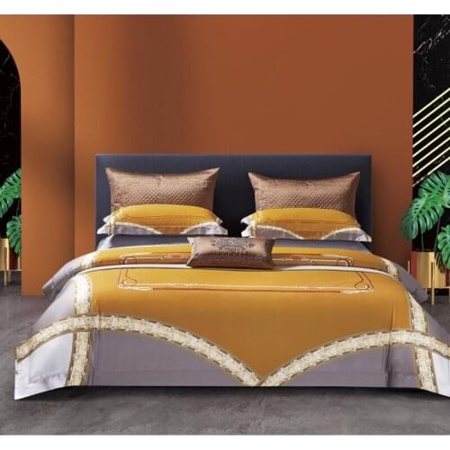 Luxury Yellow Digital Printing Egyptian Cotton Bedding Set Satin Duvet Cover Set Bed Linen Pillowcases Home Textile King Queen