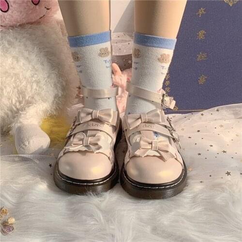 Kawaii Luxury Fashion Female Lolita Shoes Bear Bowknot Buckle Cosplay Anime Goth Japanese Mid Heel Round Head Cute Summer Gothic