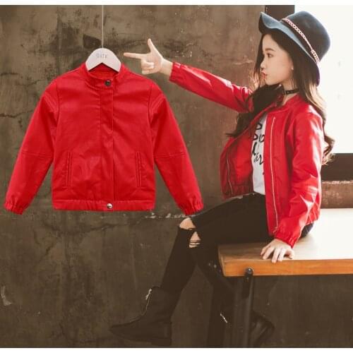 Spring Kids Clothes PU Leather Jacket For Girls Children Outwear Leather Toddler Girl Jackets and Coats Red Black Pink TZ493