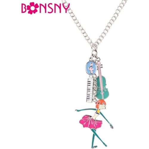 Bonsny Maxi Alloy Guitar Piano Dance Girl Necklace Chain Enamel Jewelry Colorful Pendant 2016 New Fashion Jewelry For Women