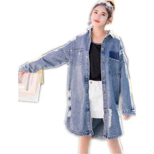 Fashion Streetwear Printed Cartoon Women Denim Jacket 2018Spring Autumn Women Hole Long Denim Coat Turn-Down Oversize Coat Q114