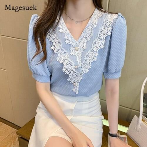 Women Summer New Shirt Lace Button French V-neck Tops Temperament Office Lady Female Short Sleeve Shirt Clothing Blusas 14251