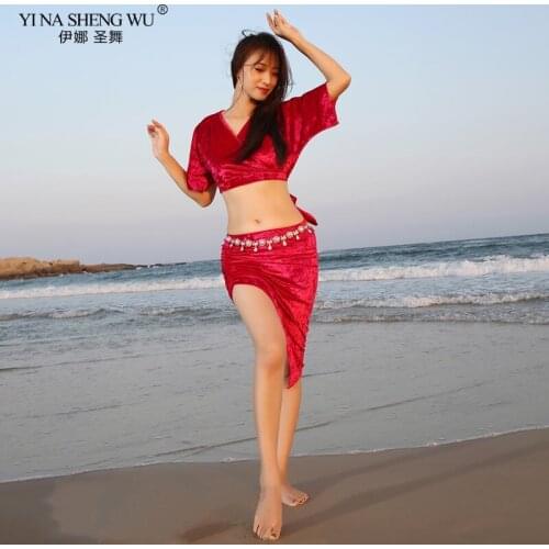 New Dance Practice Clothes Set Autumn And Winter New Sexy Belly Dance Suit Costume Top+Skirt 2pcs Dance Set Waist chain Women