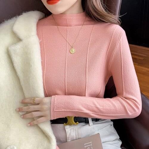 Winter and Fall Sweaters for Women 2021 High Collar Loose Casual Knitted Sweater White Long Sleeve Top Vintage Sweater Pink 1167