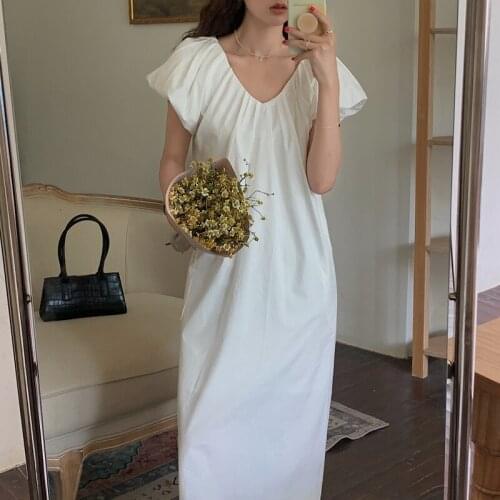 V-Neck Summer Dress Women Puff Sleeve Long Midi Dress Korean Chic Party Dress Loose Casual Cotton A-Line Elegant Vintage