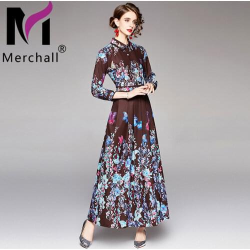 Runway Designer Spring Autumn Pleated Dress Female Flower Print Shirt Collar Long Sleeve A Line Maxi Dress Robe Longue M67471