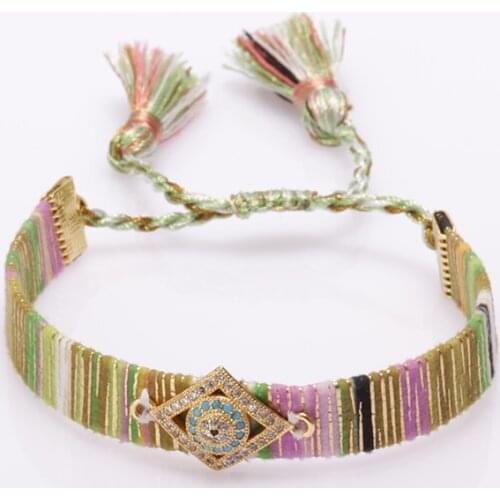 Gold blue cz evil eye protection charm beads boho soft cotton silk wristband adjustable bracelet for woman gift for her