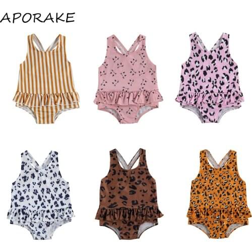 2021 0-3Y Summer Kids Baby Girl Swimwear Sleeveless Leopard Print Ruffle Tutu Swimdress Holiday Beachwear Tankini Swimsuit