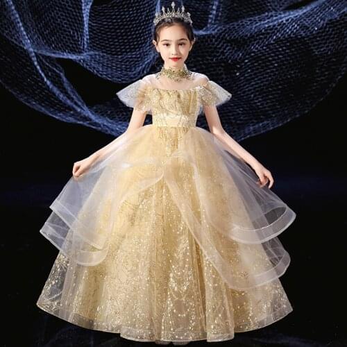 Children Girl High-Grade Champagne Color Birthday Wedding Party Princess Prom Dress Model Show Catwalk First Communication Dress