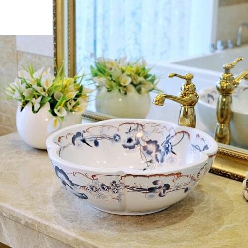 Jingdezhen Bathroom ceramic sink wash basin Porcelain Counter Top Wash Basin Bathroom Sinks flower shape bathroom sink bowl