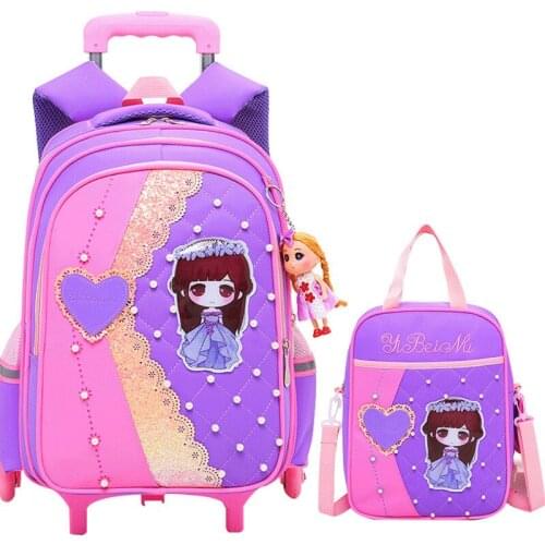 Cartoon Children School Bags Set Mochilas Kids Backpacks With 6 Wheels Trolley Luggage For Girls Backpack wholesale