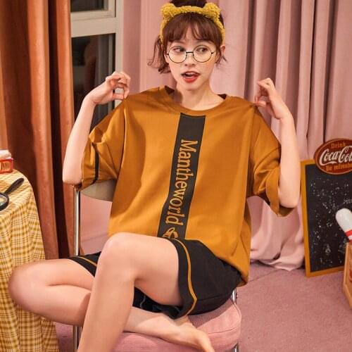 Korean Casual Kawaii Women Nightwear 2 Piece Set Simple Letter Print Women Pajamas Summer Cotton Short Sleeve Plus Size Homewear