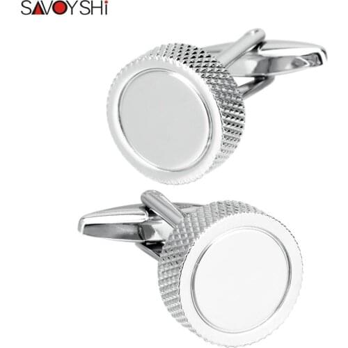 SAVOYSHI Round Simple style Silver Color Cufflinks for Mens Shirt Cuff bottons High quality Cuff links Jewelry Free Custom Name