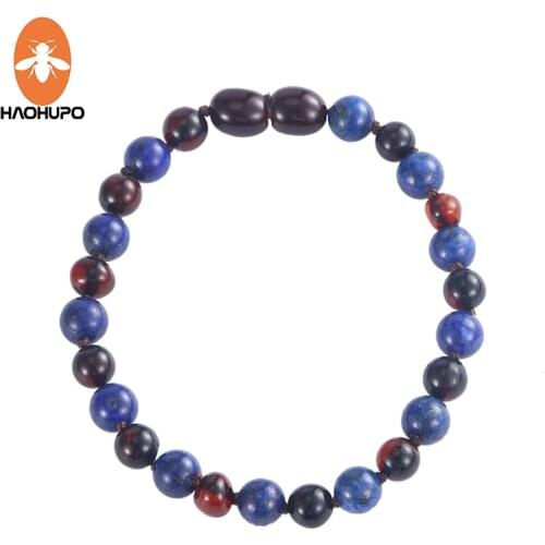 HAOHUPO Polished Cherry Amber Bracelets Necklace for Men Natural Lapis Lazuli Stones Baltic Sea Amber Kids Adult Jewelry Gift