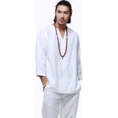 Mens Pullover Linen Cotton Shirts Three Quarter Sleeve Mens Quality China Kung fu Shirts Solid Casual Cotton Shirts Men TS-151